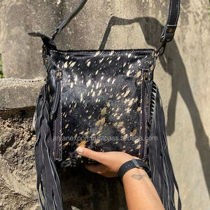 High Quality Hair on Metallic Hand Tooled Leather Fringe Crossbody Bag for Women Custom Genuine Cowhide Leather Shoulder <b>Handbag</b> - Product Image 5