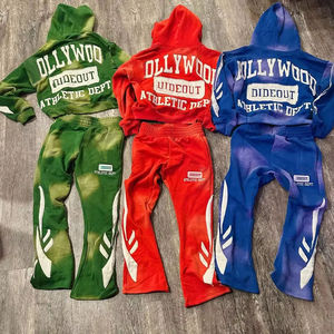 Custom Acid Wash Spring Sweat Suits Cotton Thick Zip Applique Embroidery <b>Patch</b> Flared Full Men Tracksuits Hoodies Anti-Wrinkle - Product Image 2