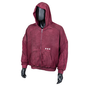 Sweat à capuche zippé Sportish Impex Premium en maille gaufrée brodée 3D, délavé à l'acide, épaules tombantes, vintage, effet vieilli, bordeaux - Product Image 1