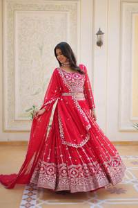 Exclusive Quality Georgette Embroidery Party Wear Lehenga Choli for Wedding Heavy <b>Flare</b> <b>Skirt</b> Stylish Dupatta with Fancy Lace - Product Image 2