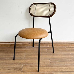 Farmhouse Style Rattan <b>Dining</b> <b>Chair</b> with Mesh Backrest and Faux Leather Upholstery GCF135 with Iron Legs - Product Image 3