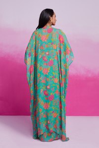 Conjunto de uso diario elegante para mujer de primera calidad, blusa Georgette turquesa, chaqueta y falda estampadas y bordadas, estilo bonito completamente cosido - Product Image 2