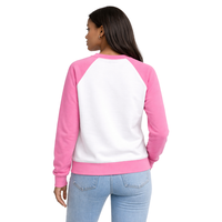 Sweat-shirt d'hiver blanc à col ras du cou et manches raglan pour femme, style sororité grecque, avec badge rose et vert, éco-responsable, à porter devant