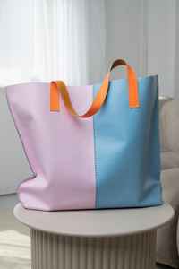 กระเป๋าโท้ทหนังสีพาสเทลสำหรับผู้หญิง สีฟ้าลายบล็อกสีลูกกวาด ซิปกันน้ำ สะพายไหล่หรือถือได้ ขนาดใหญ่ แฟชั่นฤดูร้อน สไตล์สวยงาม - Product Image 3