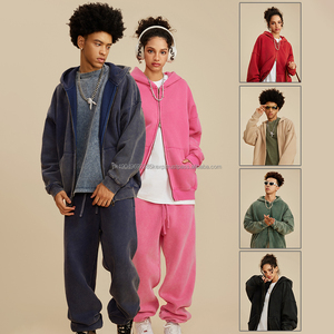 Sudadera con Capucha de Alta Calidad, Gruesa, Lisa, Estilo Vintage, Lavada al Ácido, con Logotipo Personalizado, Hombros Caídos, Cierre de Cremallera, para Hombre - Product Image 2