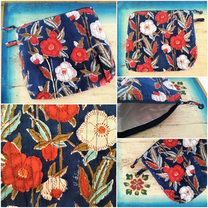 Estuche de algodón indio multiusos impreso a mano, Neceser de maquillaje, flores, blanco, gris, azul, coral, mostaza - Product Image 5