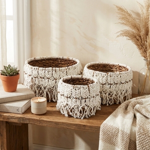 Ensemble de paniers de rangement en macramé à franges en écorce de bananier naturelle, couleur crème, style bohème, pour plantes rondes, organisateur de décoration, design artistique pur - Product Image 5