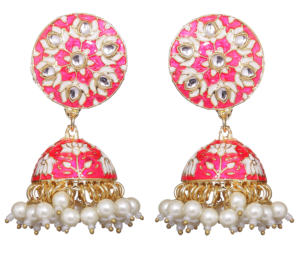 Pendientes Jhumka Tradicionales de Fusión Étnica con Flores, Cuentas de Cristal y Pedrería, Base de Aleación Pintada a Mano con Baño de Cobre Antiguo - Product Image 1