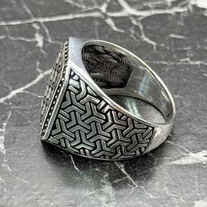 Anillo Étnico Hecho a Mano para Hombre, Diseño Geométrico Otomano, Chapado en Oro de 18K, Piedra de Circonita Cúbica Negra, Micro Pavé, Anillo de Plata Moderno - Product Image 4