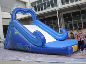 Tobogán acuático inflable doble con forma de delfín para alquiler en fiestas y diversión acuática infantil - Product Image 1