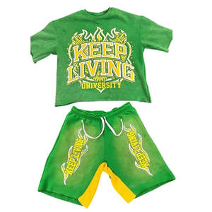 Conjunto de chándal personalizado de algodón de dos piezas conjunto de pantalones cortos de verano lavado con ácido y serigrafía con logotipo conjuntos de pantalones cortos de chándal para hombres - Product Image 1