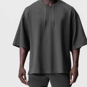 Men Oversized Grey Short Sleeve <b>Hoodie</b> Loose Fit Streetwear Hooded T-Shirt Casual Urban Top Custom Logo Available - Product Image 6