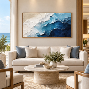 Art mural moderne, peint à la main, vagues océaniques aériennes, toile huilée, bleu et blanc texturé, abstrait, décoration côtière pour salon, hôtel - Product Image 1