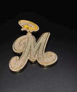 Custom VVS1 Moissanite Letter "<b>M</b>" Pendant Chunky Moissanite Jewelry Custom Letter, 925 Sterling Silver & 10K Gold <b>Necklace</b> - Product Image 1