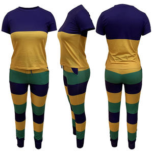 Ensemble deux pièces pour femme, t-shirt à manches courtes en coton 100% respirant et léger, extensible dans les quatre sens, à rayures et patchwork, pantalon de jogging - Product Image 3