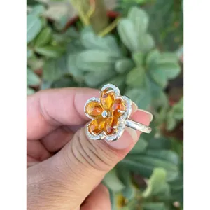 Anillo Floral de Plata 925 con Citrino, Joyería Fina Hecha a Mano con Gema de Corte Ovalado, Bañado en Rodio para Uso Diario y para Hombres - Product Image 3