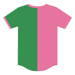 Camiseta de Malla Rosa y Verde para Mujer, Estilo Jersey de Béisbol, Diseño de Hermandad Universitaria Griega, Colección Half and Half Legacy - Product Image 2