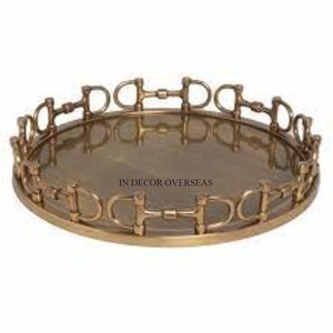 Bandeja de espejo de forma redonda enmarcada de diseñador único chapado en oro de metal de primera calidad para dulces y chocolates que sirven desde la India - Product Image 3