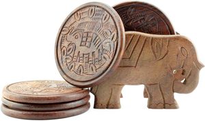 Elephant Design <b>Wooden</b> <b>Coasters</b> with Holder - Set of 6, Handcrafted in India, Great Gifts for Any Occasion - Product Image 5