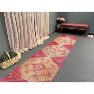 2.6x11.3 ft Vintage <b>Runner</b> Rug, <b>Red</b> Yellow Turkish Ikat Wool Rug - Product Image 5