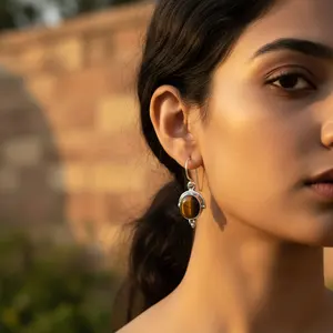 Pendientes de Plata 925 con Ojo de Tigre para Mujer, Diseño Geométrico en Oro y Rodio, Ideales para Regalo de Boda, Compromiso, Aniversario o Fiesta - Product Image 3