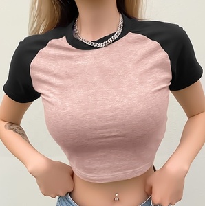 American Style <b>Raglan</b> Sleeves Contrasting Stripes Short Sleeved shirt Women's Slim Fit Short Crop <b>Top</b> Summer 100% Cotton Jersey - Product Image 3