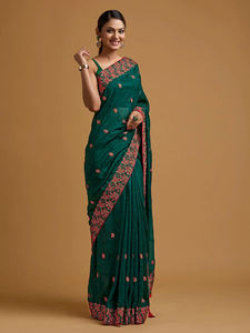 Trendmalls sin coser Vichitra seda Saree bordado pesado mujer K1043 blusa verde pieza fiesta estilo boda invierno indio - Product Image 2