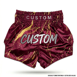 Shorts de Muay Thai personnalisés en satin bleu avec texte personnalisé et imprimé marbré doré complexe – Vente en gros de shorts de Muay Thai - Product Image 5