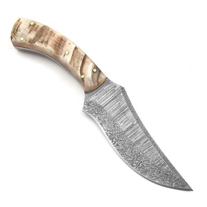 Cuchillo Skinner de Hoja Fija de Acero de Damasco de Grado Industrial, Fabricación OEM, Estilo Nórdico, Mango de Cuerno de Carnero, Espiga Completa, Funda para Caza y Camping - Product Image 5