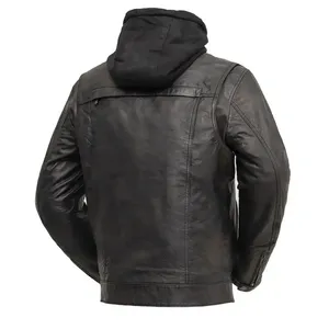 Blouson en cuir noir à capuche pour homme, coupe-vent et respirant, pour la course moto et les sports automobiles, avec protections homologuées - Product Image 2