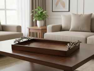 Handmade Wooden Serving Tray with Metal Leaf Branch Handles - <b>Rustic</b> Mango Wood Rectangular Ottoman Coffee <b>Table</b> Tray Decor - Product Image 2