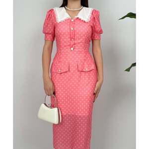 missJANELL Robe midi bleu ciel à pois avec détail de col en dentelle élégant pour femme - Tissu polyester élégant - Product Image 3