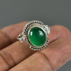 <b>Handmade</b> 925 Sterling <b>Silver</b> Ring Classic Green Onyx Gemstone Oval Cut Natural Crystal Wedding Anniversary Gift for Women - Product Image 1