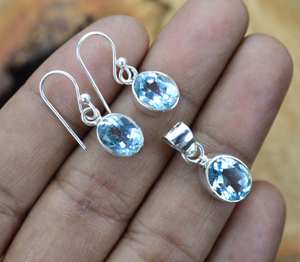 Conjunto de pendientes de plata de ley 925 hechos a mano con Topacio azul natural hermosa joyería de diseñador Vintage para bodas y fiestas - Product Image 1