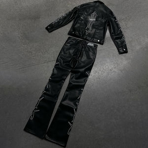 2025 nuevo diseño de cuero personalizado transpirable hombres Casual Rhinestone y bordado moda sudaderas con capucha y pantalones de chándal conjunto de joggers - Product Image 2