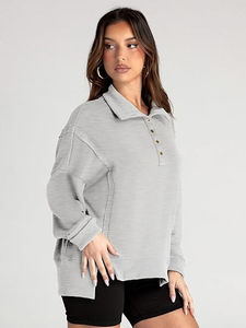2025 sudadera de gran tamaño para mujer, Jersey informal de manga larga con botones y cuello de pico, Tops holgados, trajes de moda de otoño, traje personalizado para mujer - Product Image 3