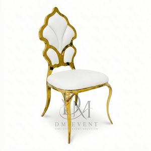 Silla de Recepción para Bodas de Acero Inoxidable Dorado con Respaldo de Medallón Ornamentado y Cojín Blanco para Salones de Banquetes, Venta al Por Mayor - Product Image 3