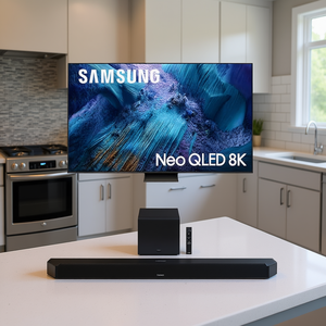 สมาร์ททีวี 8K มินิ LED พร้อมซาวด์บาร์และซับวูฟเฟอร์ ขนาด 75 นิ้ว ระบบแอนดรอยด์ทีวี สำหรับใช้ในห้องครัวและห้องน้ำ ระบบ WebOS - Product Image 1