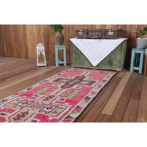 พรมตุรกีวินเทจ ขนาด 2.6x11.5 ฟุต พรมขนาดเล็ก สีชมพูเขียว ลายเรขาคณิต - Product Image 5