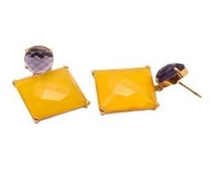 ใหม่มาถึงสีเหลือง Chalcedony และอเมทิสต์ควอตซ์พลอย925เงินสเตอร์ลิงรอบและเจ้าหญิงรูปร่างต่างหู - Product Image 1