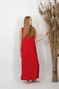 Nuevo Vestido Maxi Rojo de Algodón, Silueta en A, Sin Mangas, con Cinturón, Formal, para Invitadas de Boda, Ecológico, para Mujer - Product Image 5