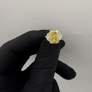 8.00 Carat Fancy Vivid <b>Yellow</b> Radiant Cut Lab Grown Diamond Engagement Ring 18K Gold Three Stone Design With Pear Sides - Product Image 4