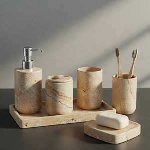 Juego de baño de travertino Esencial de spa de piedra orgánica ecológica con diseño resistente al agua 35 + años Artesanía artesanal - Product Image 5