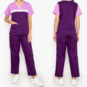 Uniformes de hospital de diseño personalizado OEM de color de contraste 100% poliéster nailon manga corta Jersey y pantalones uniformes médicos para mujer - Product Image 6