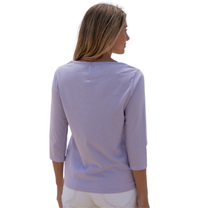T-shirt pour femme en coton biologique de luxe pré-rétréci certifié GOTS, col bateau, manches 3/4, couleur lilas pastel, coupe classique, doux et premium - Product Image 5