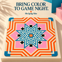 The Lucky Tiles Tapis de Mahjong Américain, Nappe Carrée, Imprimé Géométrique Étoilé Bleu, Rose et Orange, pour Soirées Jeux et Accessoires de Table