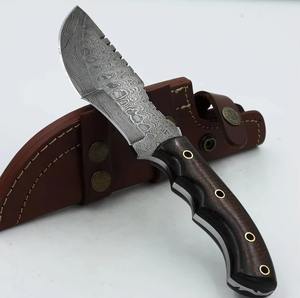 Gran oferta, cuchillo de caza de hoja fija de acero de Damasco personalizable con Funda de cuero, mango de madera, OEM compatible con Camping al aire libre - Product Image 1