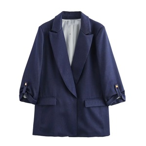 2025 Link Life Uniform Summer New Women's Versátil y elegante Suelto e informal Simple Roll Sleeved Lino Blended Suit Coat - Product Image 1