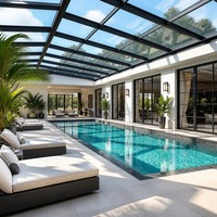 Solárium Retráctil de Lujo para Piscina, Casa de Cristal con Vidrio Templado de Seguridad, Marco de Aluminio Resistente a la Intemperie para Villas y Resorts