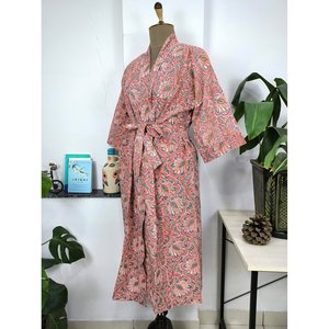 Boho Style Lightweight Cotton Kimono Indian Handprinted Cherry Blossom Botanical Luxury Summer <b>Beach</b> Holiday Cover-Up <b>Robe</b> - Product Image 3